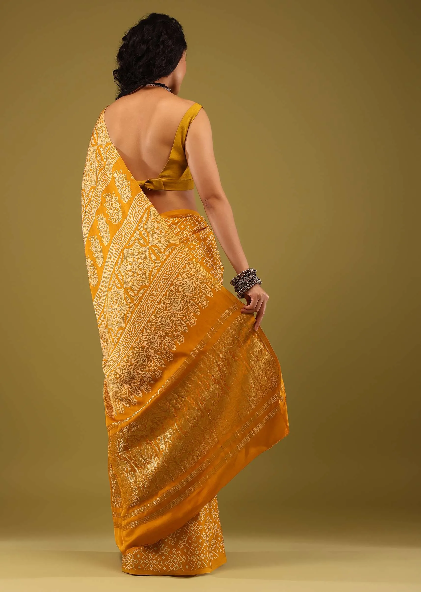 Amber Yellow Saree In Satin With Ajrakh Handblock Print And Brocade Work