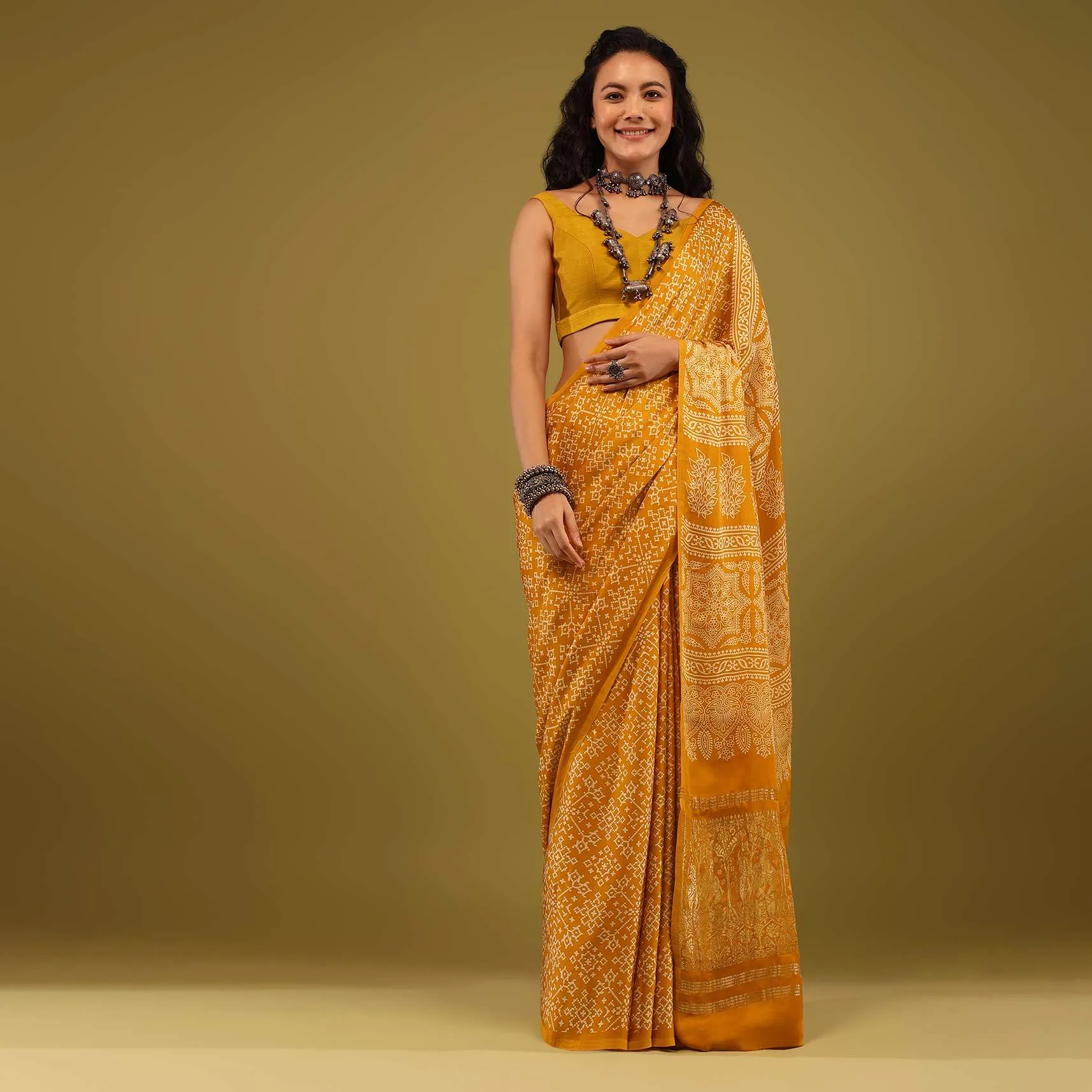 Amber Yellow Saree In Satin With Ajrakh Handblock Print And Brocade Work