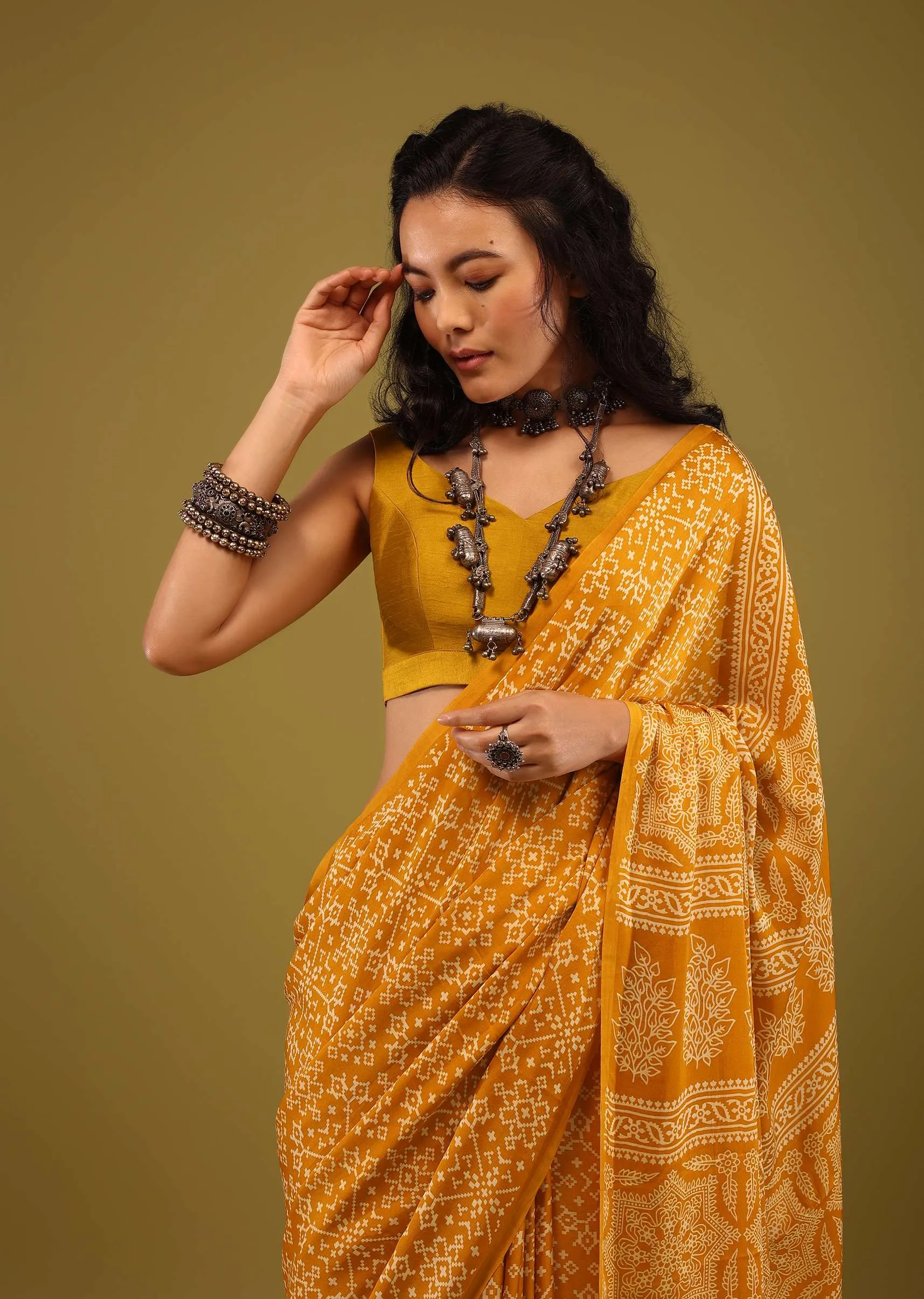 Amber Yellow Saree In Satin With Ajrakh Handblock Print And Brocade Work