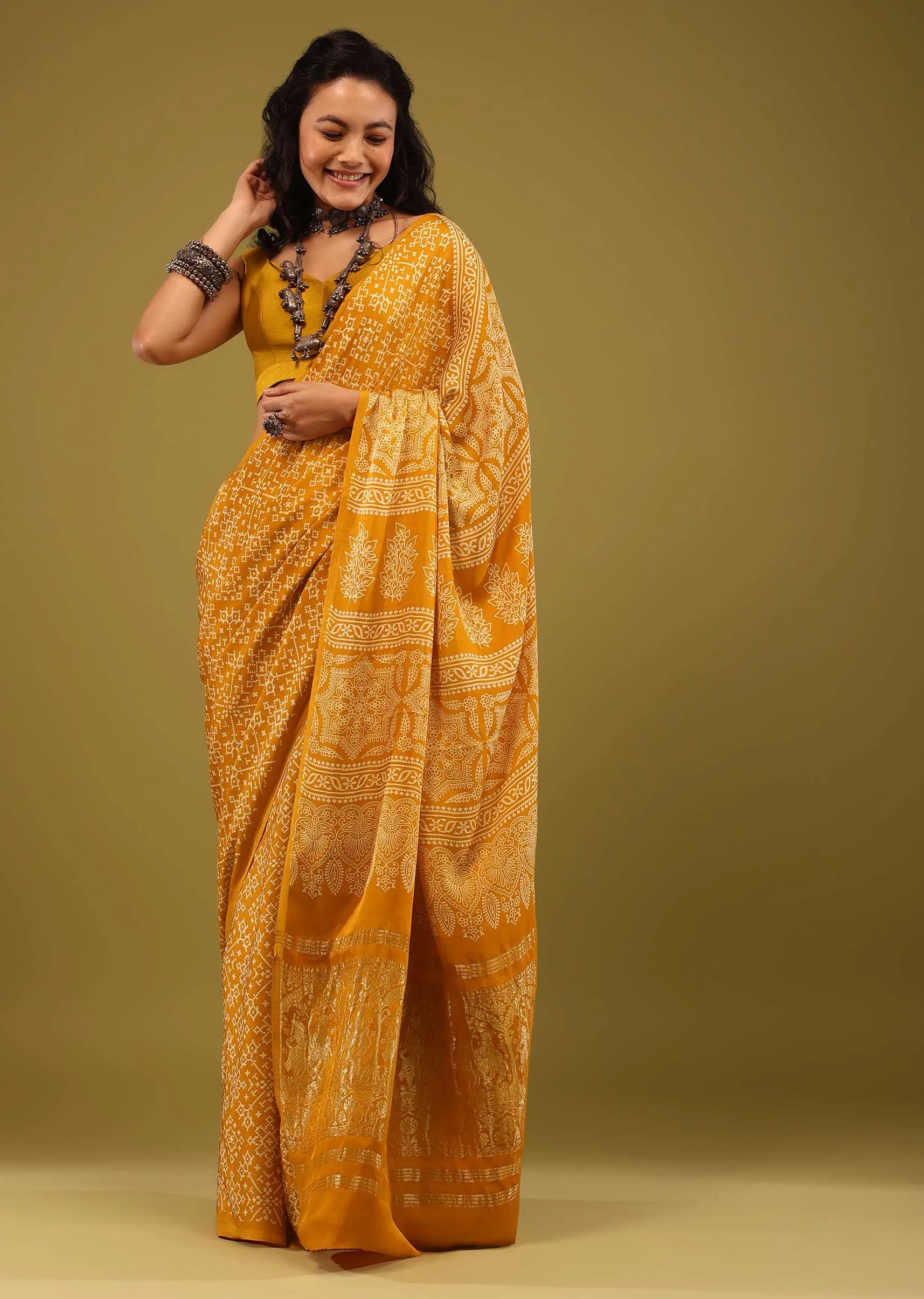 Amber Yellow Saree In Satin With Ajrakh Handblock Print And Brocade Work