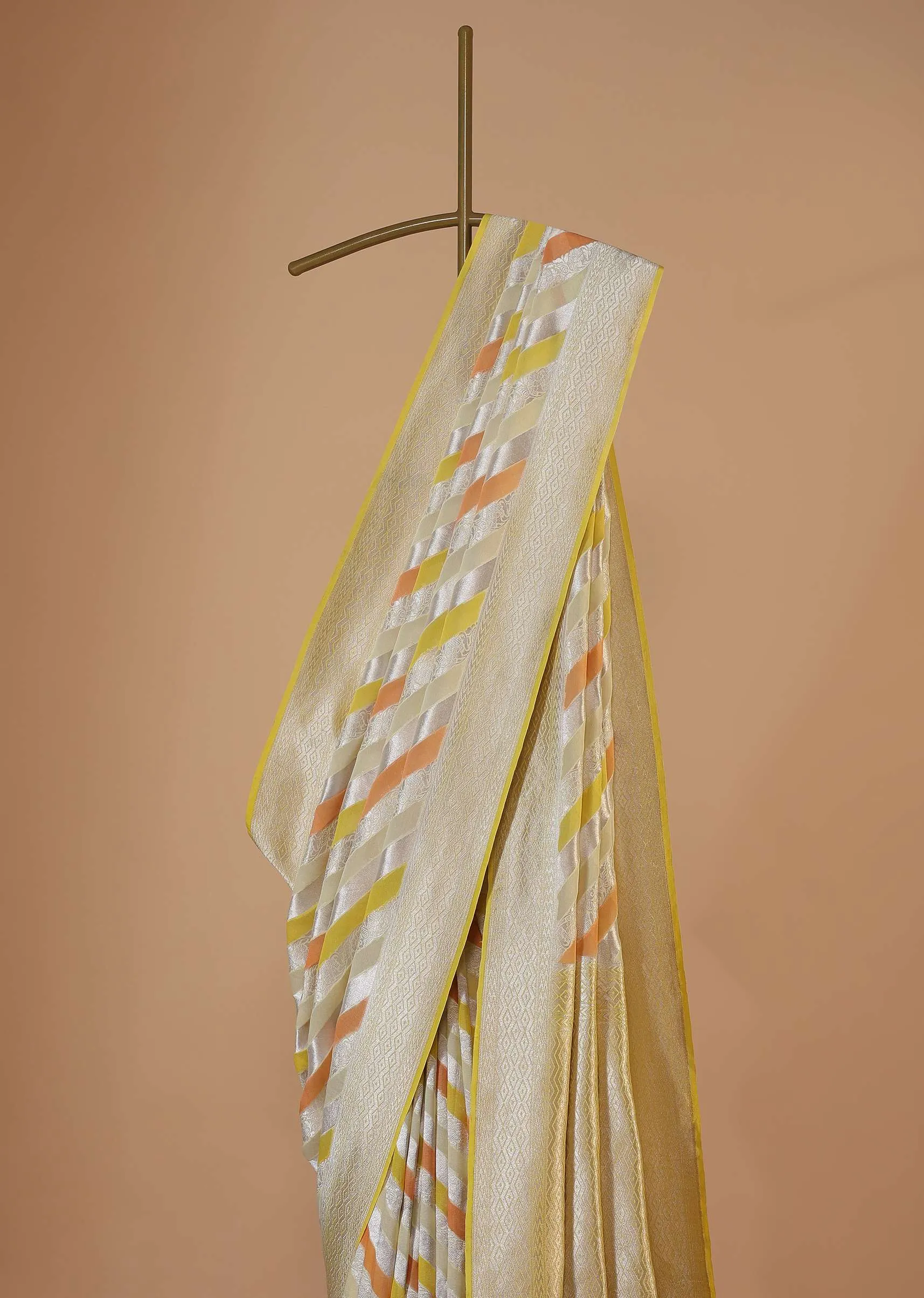Canary Yellow Saree In Georgette With Striped Banarasi Zari Weave And An Unstitched Blouse