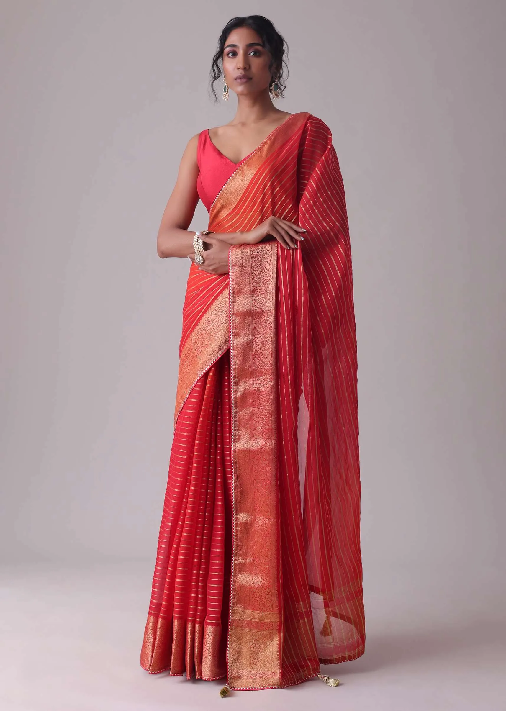 Chinese Red Woven Saree In Organza