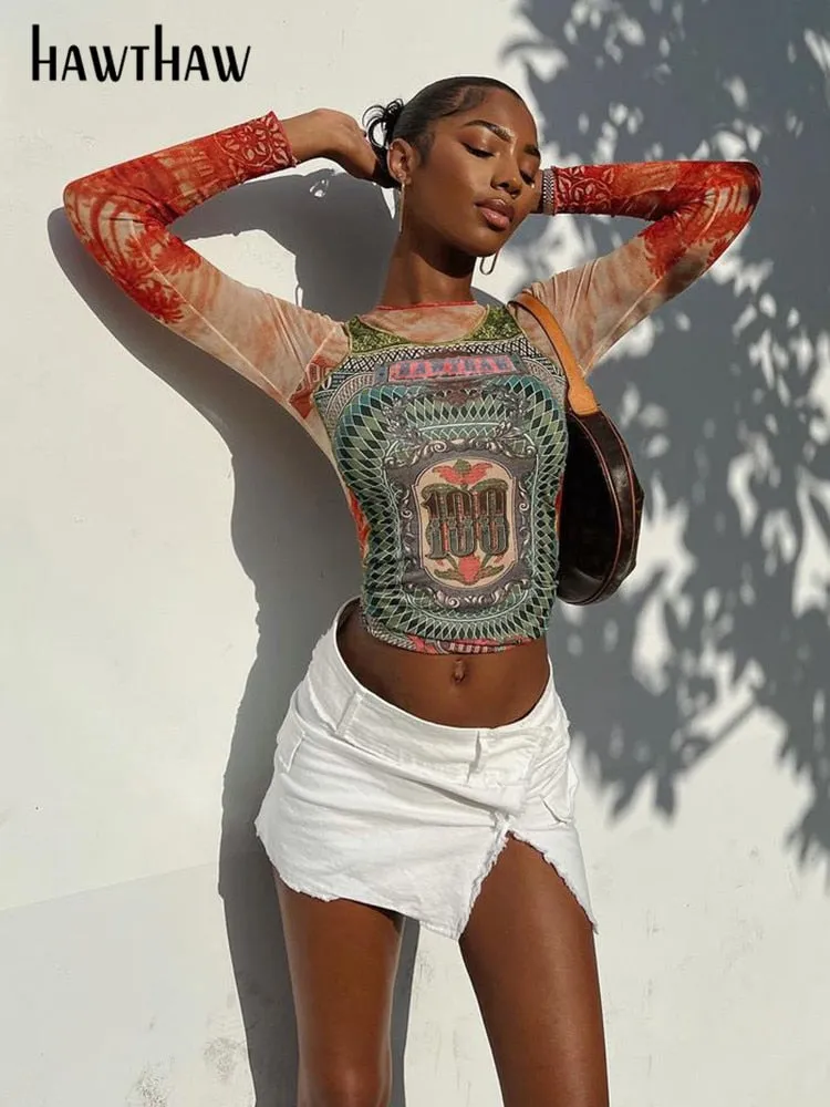 Hawthaw Women Long Sleeve Graphic Mesh See Through Streetwear T Shirts Tops Tee