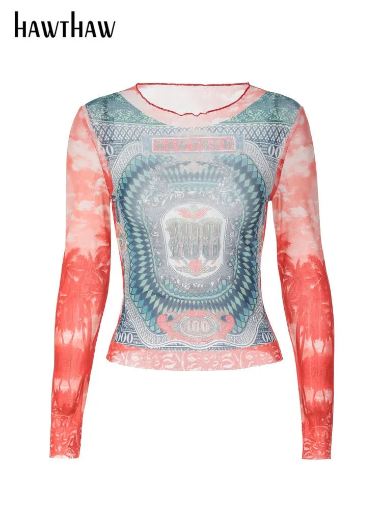 Hawthaw Women Long Sleeve Graphic Mesh See Through Streetwear T Shirts Tops Tee