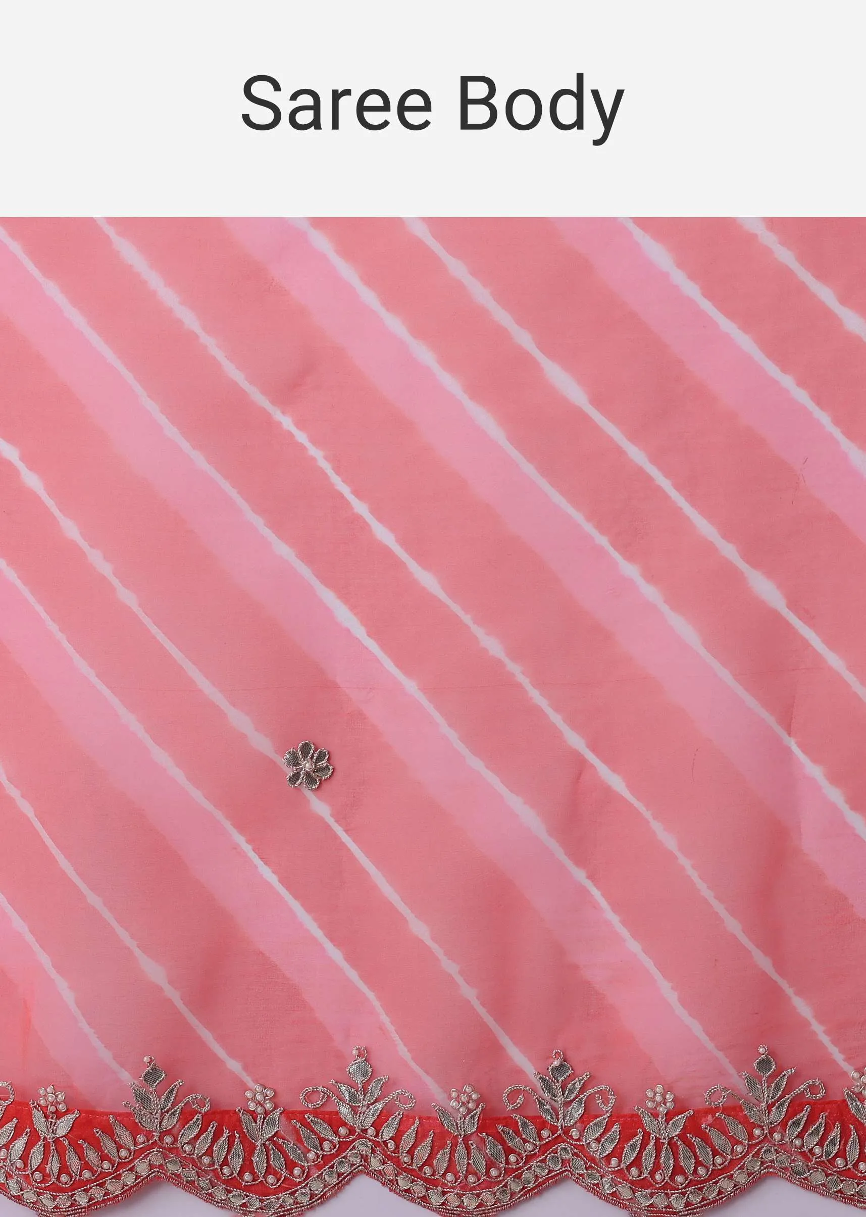 Hot Coral Orange Tissue Organza Saree In Leheriya Print With Embroidery