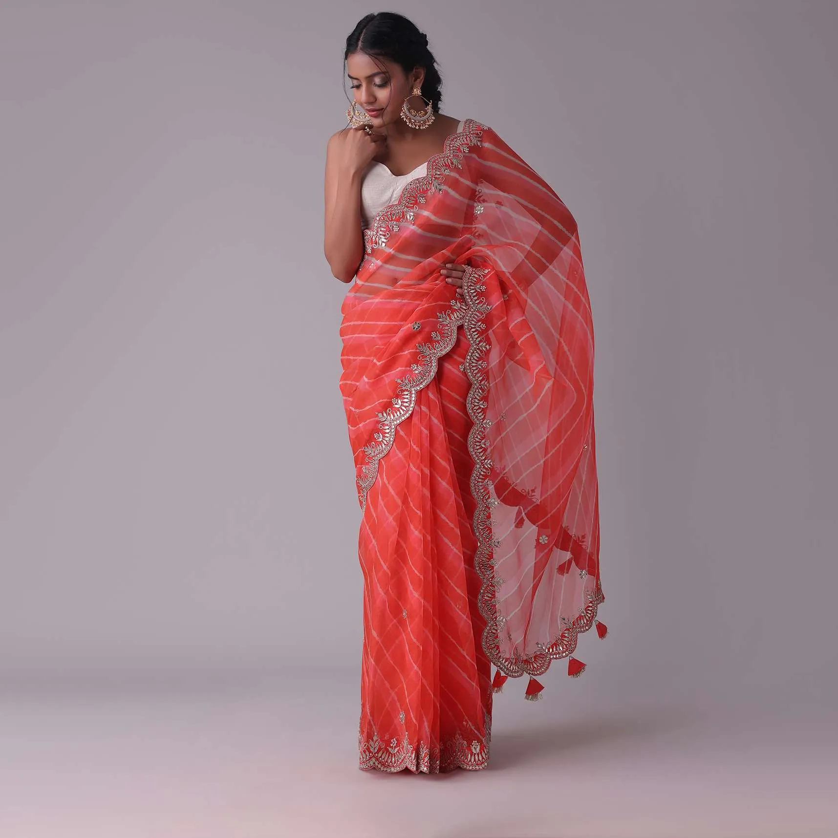 Hot Coral Orange Tissue Organza Saree In Leheriya Print With Embroidery