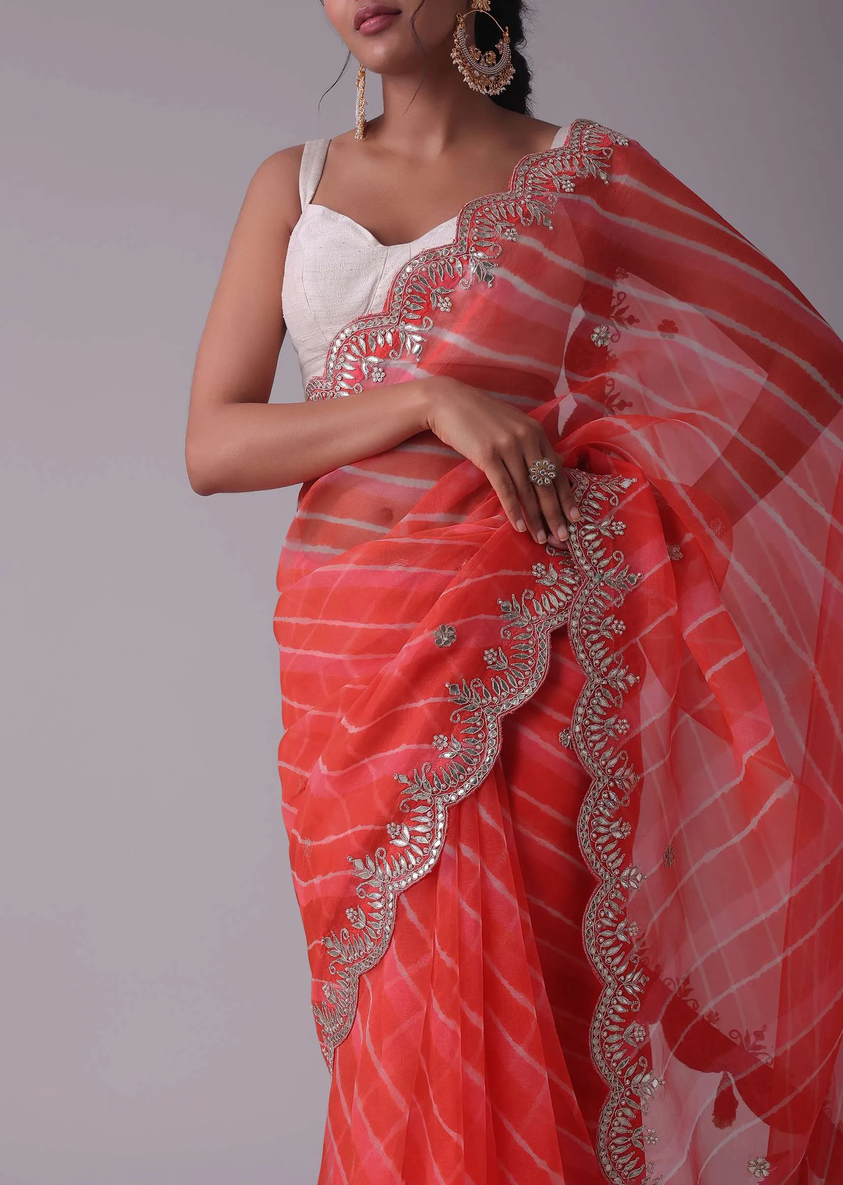 Hot Coral Orange Tissue Organza Saree In Leheriya Print With Embroidery