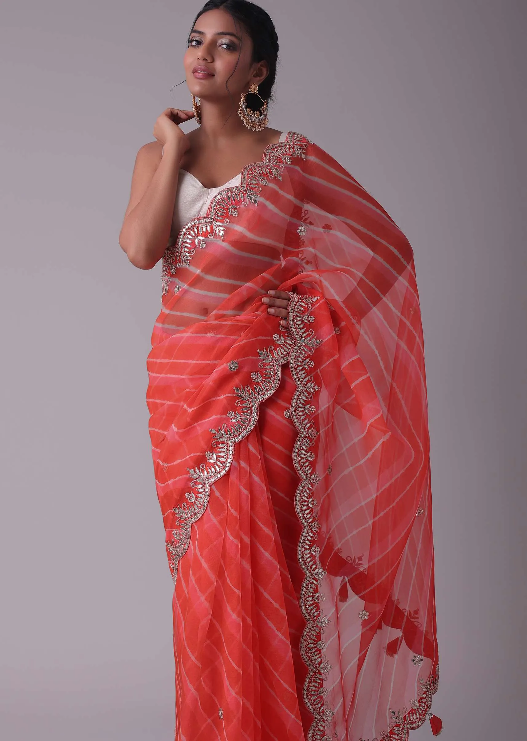 Hot Coral Orange Tissue Organza Saree In Leheriya Print With Embroidery