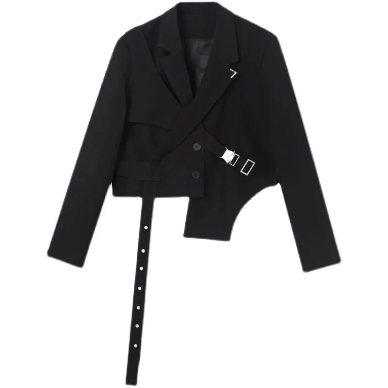 IEFB Men's Chic Short Blazer 2023 New Autumn Detachable Two-piece Suit Coat Irregular Hem Fashion Design Black Jacket 9Y9250