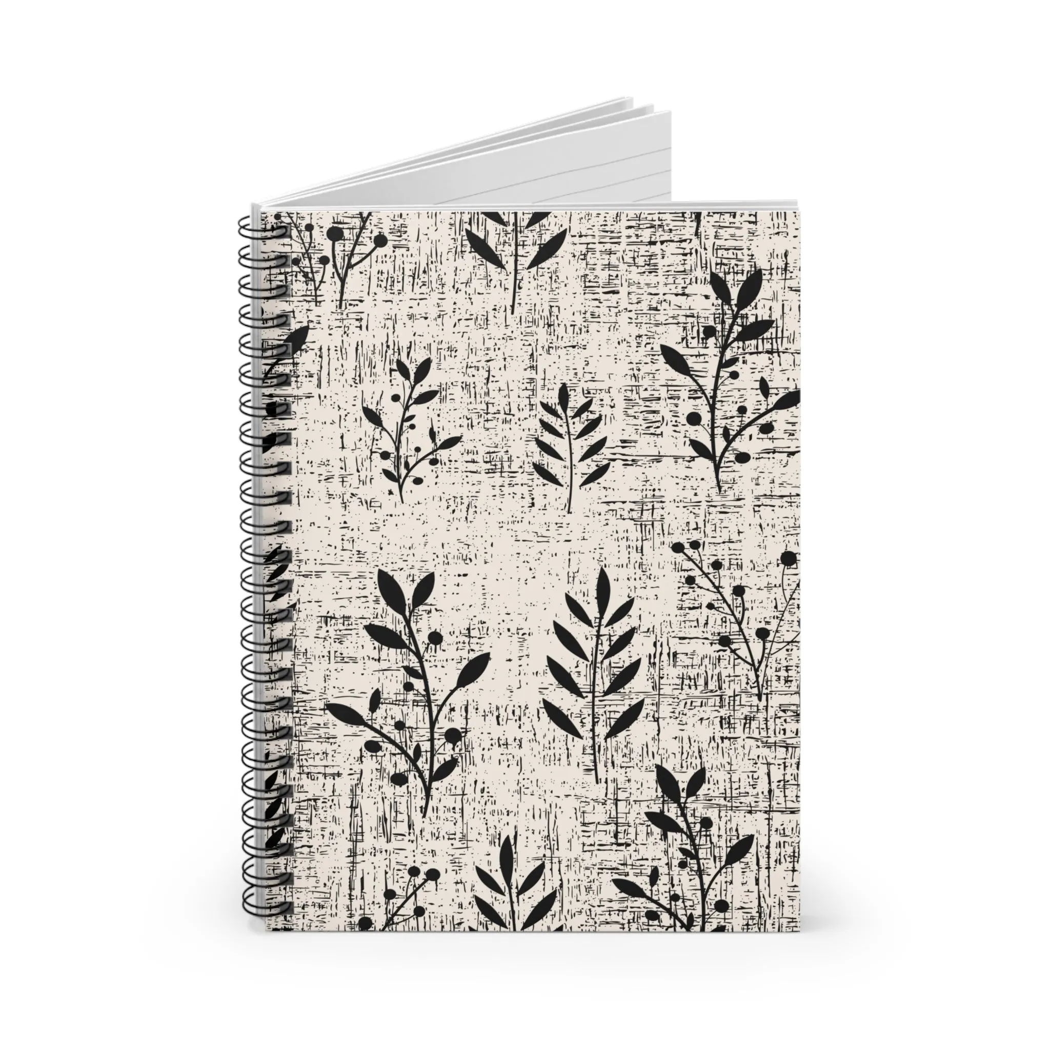 Monochrome Floral Pattern Spiral Notebook - Ruled Line: Elegant Black and White Design
