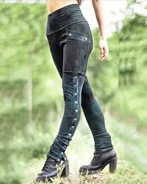 Retro Rivet Slit Slim Fit Stretch Pocket Retro Leggings