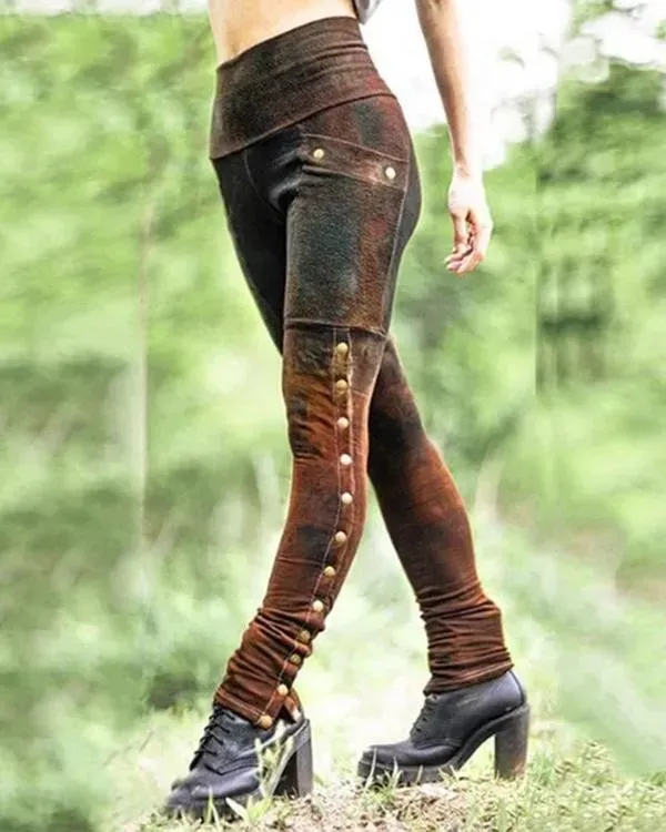 Retro Rivet Slit Slim Fit Stretch Pocket Retro Leggings